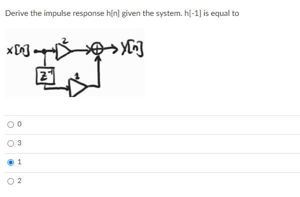 Derive the impulse response h[n] given the system. h[-1] is equal to
1
