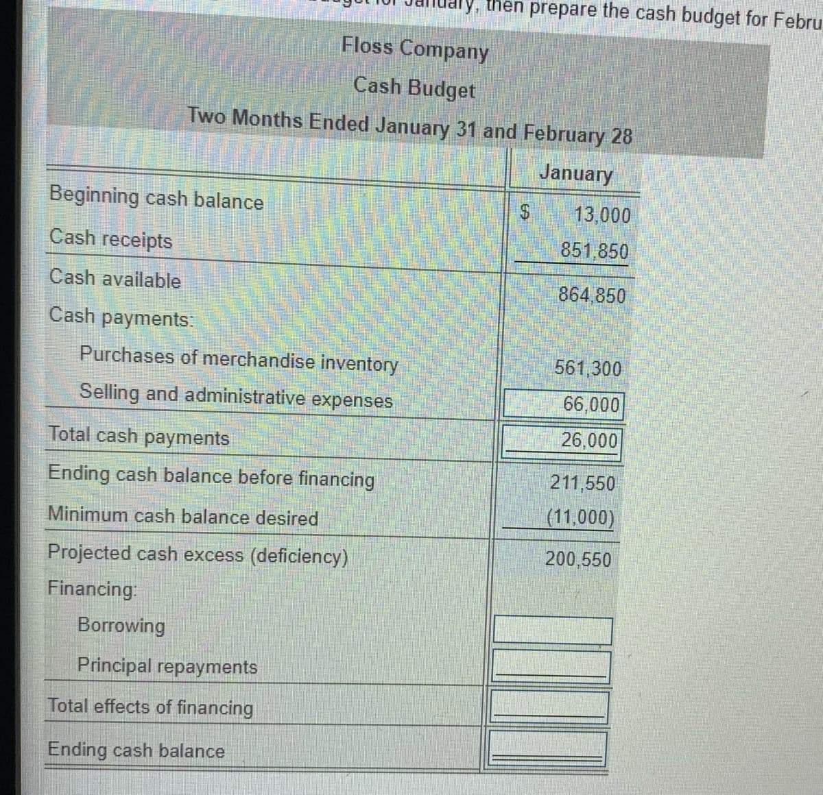 then prepare the cash budget for Febru
Floss Company
Cash Budget
Two Months Ended January 31 and February 28
January
Beginning cash balance
2$
13,000
Cash receipts
851,850
Cash available
864,850
Cash payments:
Purchases of merchandise inventory
561,300
Selling and administrative expenses
66,000
Total cash payments
26,000
Ending cash balance before financing
211,550
(11,000)
Minimum cash balance desired
200,550
Projected cash excess (deficiency)
Financing:
Borrowing
Principal repayments
Total effects of financing
Ending cash balance
