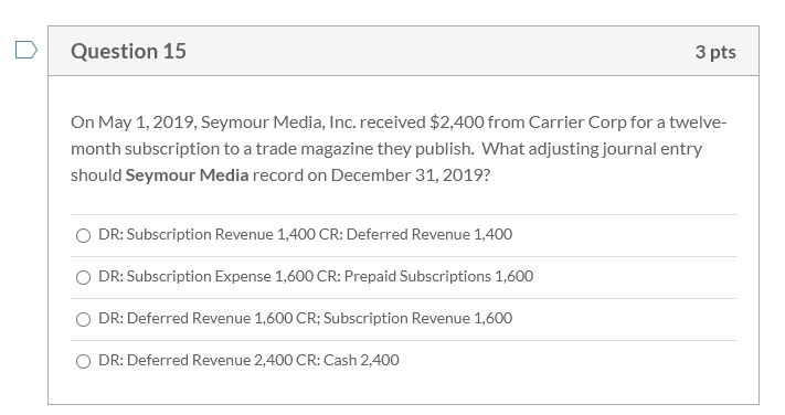 On May 1, 2019, Seymour Media, Inc. received $2,400 from Carrier Corp for a twelve-
month subscription to a trade magazine they publish. What adjusting journal entry
should Seymour Media record on December 31, 2019?
O DR: Subscription Revenue 1,400 CR: Deferred Revenue 1,400
DR: Subscription Expense 1,600 CR: Prepaid Subscriptions 1,600
O DR: Deferred Revenue 1,600 CR; Subscription Revenue 1,600
O DR: Deferred Revenue 2,400 CR: Cash 2,400
