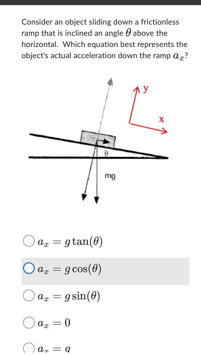 Consider an object sliding down a frictionless
ramp that is inclined an angle above the
horizontal. Which equation best represents the
object's actual acceleration down the ramp ax?
O ax
a = gtan (0)
O ax
=
ax
g cos(0)
ax
ar = gsin(0)
= 0
ar = a
mg
X