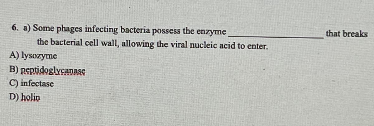 6. a) Some phages infecting bacteria possess
the
enzyme
that breaks
the bacterial cell wall, allowing the viral nucleic acid to enter.
A) lysozyme
B) peptidoglycanase
C) infectase
D) holin
