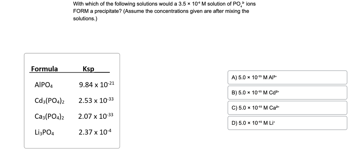 Formula
AIPO4
Cd3(PO4)2
Ca3(PO4)2
Li3PO4
4
With which of the following solutions would a 3.5 × 106 M solution of PO ³ ions
FORM a precipitate? (Assume the concentrations given are after mixing the
solutions.)
Ksp
9.84 x 10-21
2.53 x 10-33
2.07 x 10-33
2.37 x 10-4
A) 5.0 × 10-15 M Al³+
B) 5.0 × 10-15 M Cd²+
C) 5.0 × 10-15 M Ca²+
D) 5.0 × 10-15 M Li+