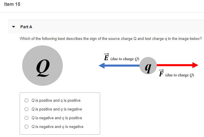 Item 15
Part A
Which of the following best describes the sign of the source charge Q and test charge q in the image below?
E (due to charge Q)
F
F (due to charge Q)
O Q is positive and q is positive
O Qis positive and q is negative
O Qis negative and q is positive
Q is negative and q is negative
