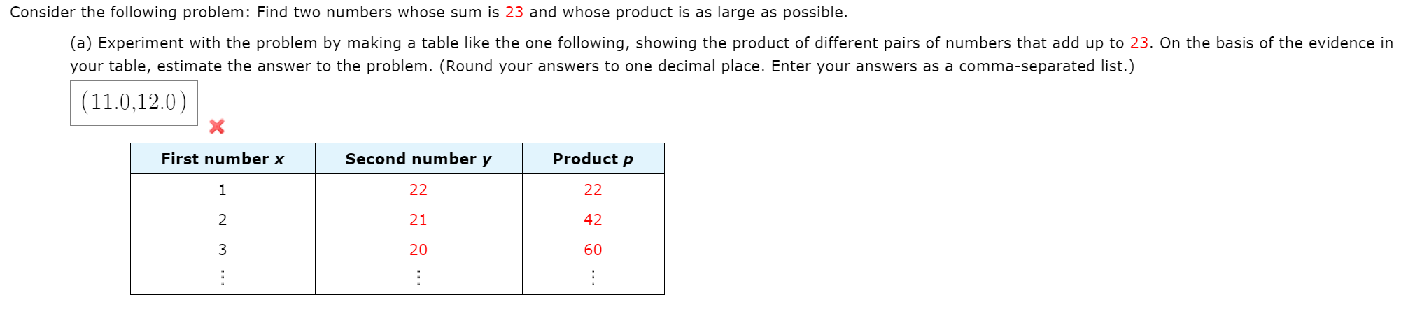 Consider the following problem: Find two numbers whose sum is 23 and whose product is as large as possible.

