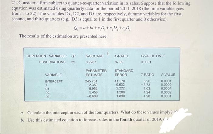 21. Consider a firm subject to quarter-to-quarter variation in its sales. Suppose that the following
equation was estimated using quarterly data for the period 2011-2018 (the time variable goes
from 1 to 32). The variables D1, D2, and D3 are, respectively, dummy variables for the first,
second, and third quarters (e.g., DI is equal to 1 in the first quarter and 0 otherwise).
Q=a+bt+cD, +c₂D₂ +c₂D₂
The results of the estimation are presented here:
DEPENDENT VARIABLE: QT
OBSERVATIONS: 32
VARIABLE
INTERCEPT
T
D1
D2
D3
R-SQUARE
0.9287
PARAMETER
ESTIMATE
245.251
-2.359
8.952
5.458
-8.699
F-RATIO
87.89
STANDARD
ERROR
41.570
0.632
2.222
1.288
1.890
P-VALUE ON F
0.0001
T-RATIO P-VALUE
5.90
0.0001
-3.73
0.0009
4.03
4.24
-4.90
0.0004
0.0002
0.0001
a. Calculate the intercept in each of the four quarters. What do these values imply?
b. Use this estimated equation to forecast sales in the fourth quarter of 2019.