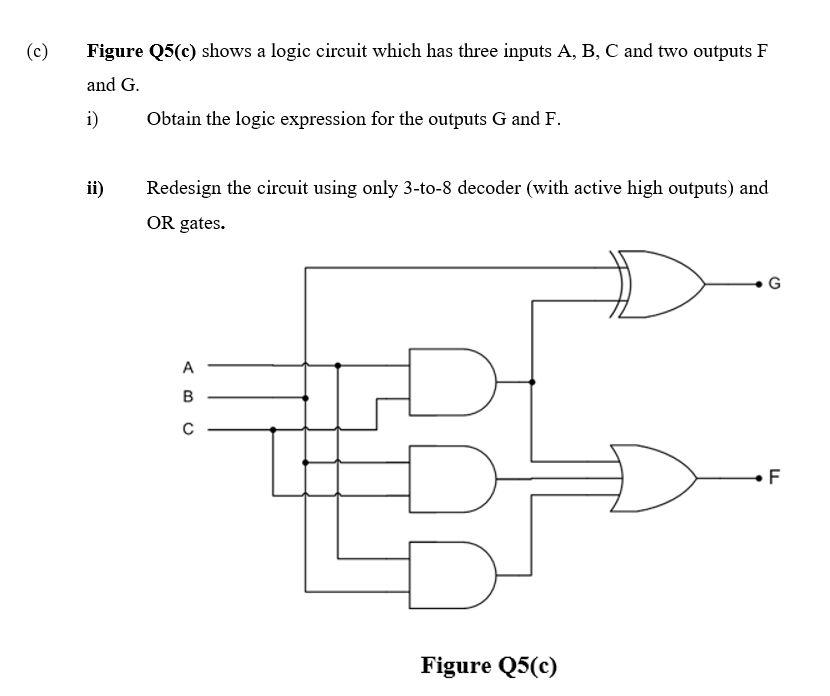 (c)
Figure Q5(c) shows a logic circuit which has three inputs A, B, C and two outputs F
and G.
i)
Obtain the logic expression for the outputs G and F.
ii)
Redesign the circuit using only 3-to-8 decoder (with active high outputs) and
OR gates.
G
A
B
F
Figure Q5(c)
