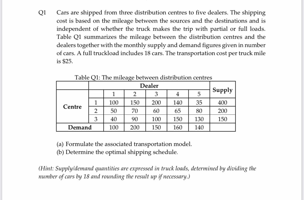 Q1
Cars are shipped from three distribution centres to five dealers. The shipping
cost is based on the mileage between the sources and the destinations and is
independent of whether the truck makes the trip with partial or full loads.
Table Q1 summarizes the mileage between the distribution centres and the
dealers together with the monthly supply and demand figures given in number
of cars. A full truckload includes 18 cars. The transportation cost per truck mile
is $25.
Table Q1: The mileage between distribution centres
Dealer
Supply
1
2
3
4
1
100
150
200
140
35
400
Centre
50
70
60
65
80
200
3
40
90
100
150
130
150
Demand
100
200
150
160
140
(a) Formulate the associated transportation model.
(b) Determine the optimal shipping schedule.
(Hint: Supplyldemand quantities are expressed in truck loads, determined by dividing the
number of cars by 18 and rounding the result up if necessary.)
