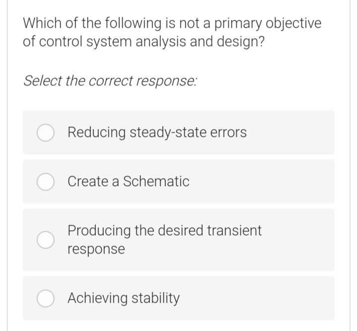 Which of the following is not a primary objective
of control system analysis and design?
Select the correct response:
Reducing steady-state errors
Create a Schematic
Producing the desired transient
response
O Achieving stability
