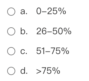 O a. 0-25%
O b.
26-50%
O c.
51-75%
O d.
>75%