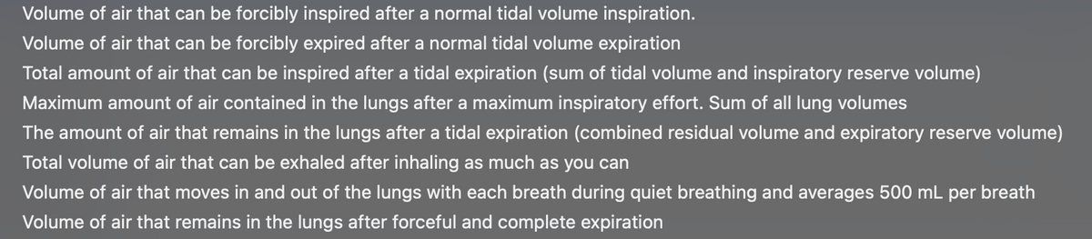 Volume of air that can be forcibly inspired after a normal tidal volume inspiration.
Volume of air that can be forcibly expired after a normal tidal volume expiration
Total amount of air that can be inspired after a tidal expiration (sum of tidal volume and inspiratory reserve volume)
Maximum amount of air contained in the lungs after a maximum inspiratory effort. Sum of all lung volumes
The amount of air that remains in the lungs after a tidal expiration (combined residual volume and expiratory reserve volume)
Total volume of air that can be exhaled after inhaling as much as you can
Volume of air that moves in and out of the lungs with each breath during quiet breathing and averages 500 mL per breath
Volume of air that remains in the lungs after forceful and complete expiration