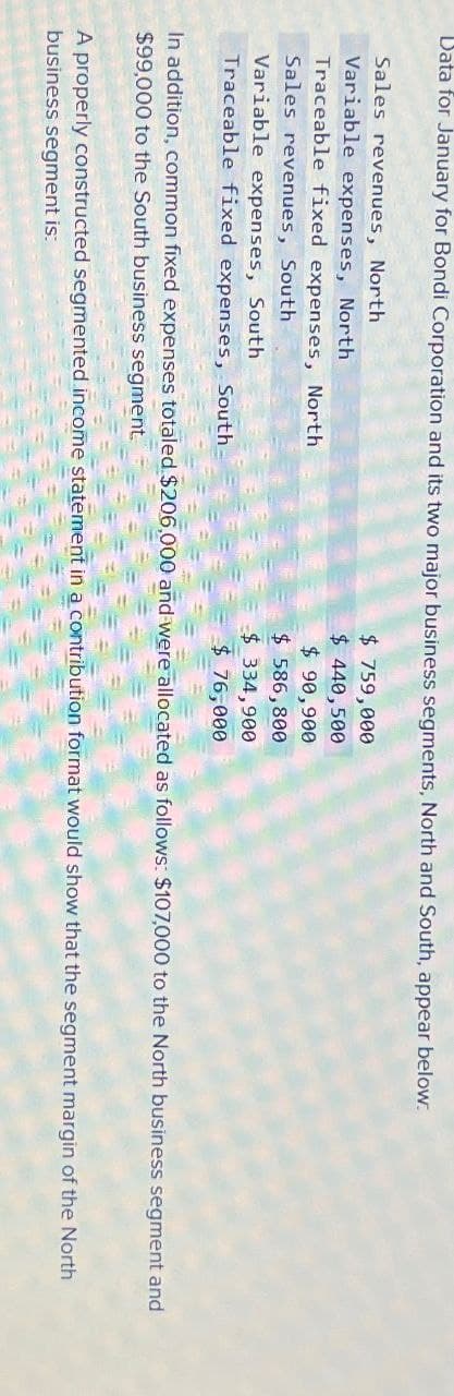 Data for January for Bondi Corporation and its two major business segments, North and South, appear below.
Sales revenues, North
Variable expenses, North
Traceable fixed expenses, North
Sales revenues, South
Variable expenses, South
Traceable fixed expenses, South
$ 759,000
$ 440,500
$ 90,900
$ 586,800
$ 334,900
$ 76,000
In addition, common fixed expenses totaled $206,000 and were allocated as follows: $107,000 to the North business segment and
$99,000 to the South business segment.
A properly constructed segmented income statement in a contribution format would show that the segment margin of the North
business segment is: