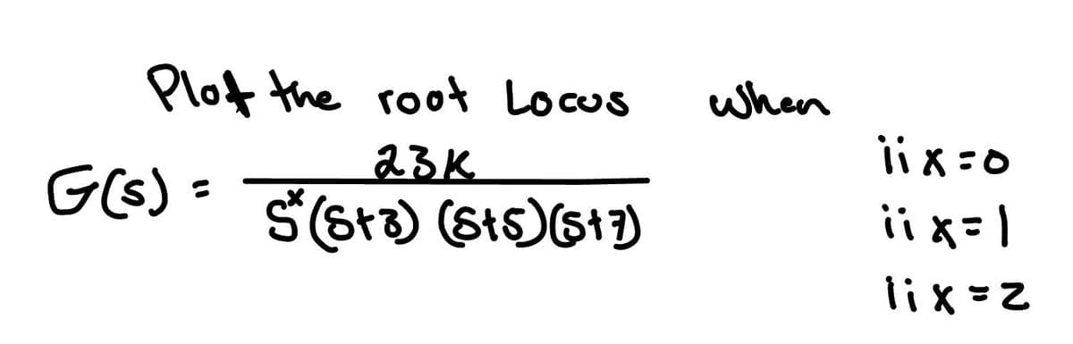 Plot the root Locus
23k
S* (S+3) (Sts)(s+7)
G(s) =
When
iix=0
ii x = 1
¡ix=2