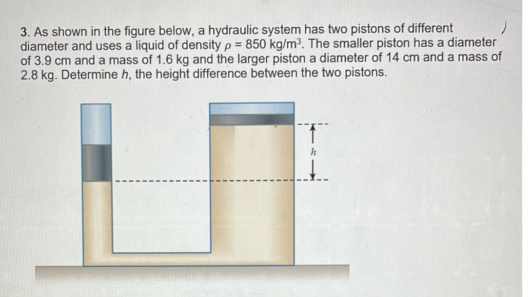 3. As shown in the figure below, a hydraulic system has two pistons of different
diameter and uses a liquid of density p = 850 kg/m³. The smaller piston has a diameter
of 3.9 cm and a mass of 1.6 kg and the larger piston a diameter of 14 cm and a mass of
2.8 kg. Determine h, the height difference between the two pistons.
↑
h
↓