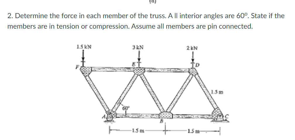 2. Determine the force in each member of the truss. A ll interior angles are 60°. State if the
members are in tension or compression. Assume all members are pin connected.
1.5 kN
3 kN
2 kN
1.5m
1.5 m
1.5 m
