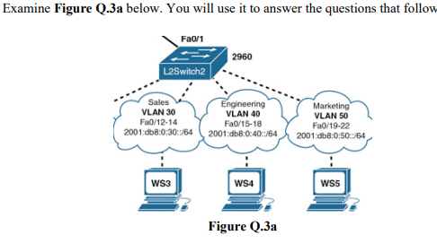 Examine Figure Q.3a below. You will use it to answer the questions that follow
Fa0/1
L2Switch2
Sales
VLAN 30
Fa0/12-14
2001:db8:0:30::/64
WS3
2960
Engineering
VLAN 40
Fa0/15-18
2001 db8:0:40::/64
WS4
Figure Q.3a
Marketing
VLAN 50
Fa0/19-22
2001 db8:0:50::/64
WS5
