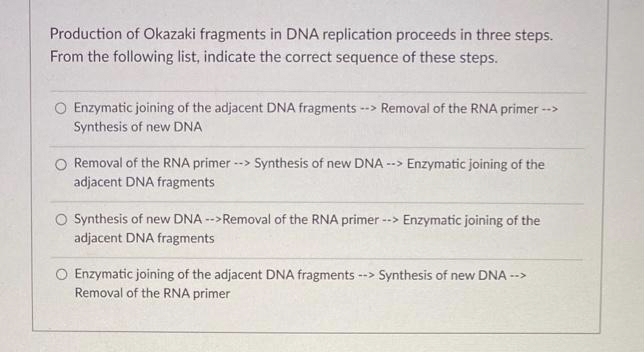 Production of Okazaki fragments in DNA replication proceeds in three steps.
From the following list, indicate the correct sequence of these steps.
Enzymatic joining of the adjacent DNA fragments --> Removal of the RNA primer -->
Synthesis of new DNA
O Removal of the RNA primer --> Synthesis of new DNA --> Enzymatic joining of the
adjacent DNA fragments
O Synthesis of new DNA -->Removal of the RNA primer --> Enzymatic joining of the
adjacent DNA fragments
O Enzymatic joining of the adjacent DNA fragments - --> Synthesis of new DNA -->
Removal of the RNA primer