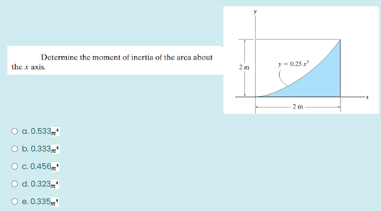 Determine the moment of inertia of the area about
the x axis.
2 m
y = 0.25 r
2 m
O a. 0.533m*
O b. 0.333m*
О с. 0.456т
O d. 0.323m*
О е. 0.335m*
