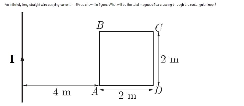 An infinitely long straight wire carrying current I = 6A as shown in figure. What will be the total magnetic flux crossing through the rectangular loop ?
C
2 m
I
4 m
A-
2 m
