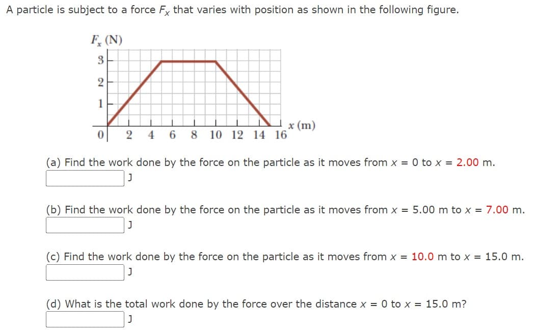 A particle is subject to a force Fx that varies with position as shown in the following figure.
Fx (N)
3
2
1
x (m)
0
2 4 6
8
10 12 14 16
(a) Find the work done by the force on the particle as it moves from x = 0 to x = 2.00 m.
]
(b) Find the work done by the force on the particle as it moves from x = 5.00 m to x = 7.00 m.
(c) Find the work done by the force on the particle as it moves from x = 10.0 m to x = 15.0 m.
J
(d) What is the total work done by the force over the distance x = 0 to x = 15.0 m?
]