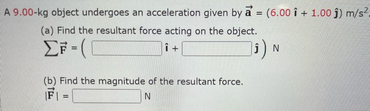 A 9.00-kg object undergoes an acceleration given by a
=
(a) Find the resultant force acting on the object.
ΣF=(
î+
(b) Find the magnitude of the resultant force.
|F|
N
=
(6.00 î+ 1.00 ĵ) m/s².
₁) N
