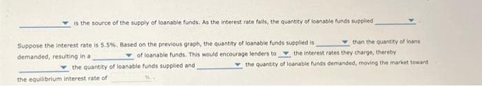 is the source of the supply of loanable funds. As the interest rate falls, the quantity of loanable funds supplied
than the quantity of loans
the interest rates they charge, thereby
the quantity of loanable funds demanded, moving the market toward
Suppose the interest rate is 5.5%. Based on the previous graph, the quantity of loanable funds supplied is
demanded, resulting in a
of loanable funds. This would encourage lenders to
the quantity of loanable funds supplied and
the equilibrium interest rate of