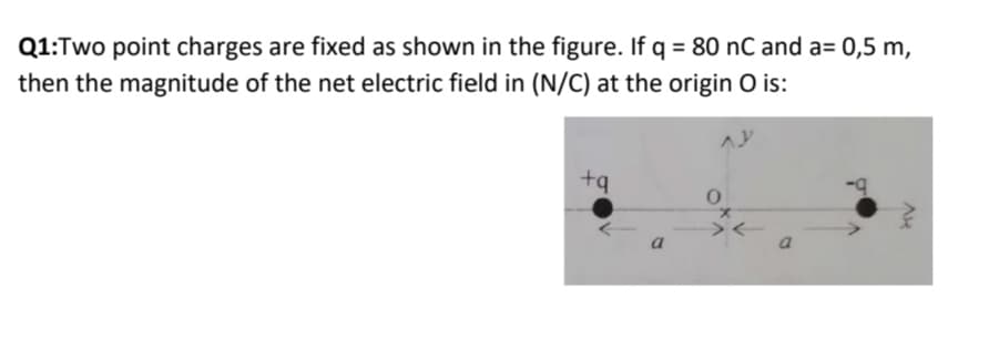 Q1:Two point charges are fixed as shown in the figure. If q = 80 nC and a= 0,5 m,
then the magnitude of the net electric field in (N/C) at the origin O is:
a
