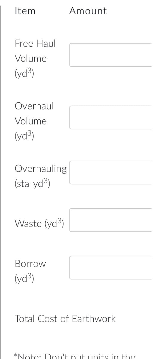 Item
Amount
Free Haul
Volume
(yd®)
Overhaul
Volume
(yd®)
Overhauling
(sta-yd3)
Waste (yd)
Borrow
(yd³)
Total Cost of Earthwork
*Note: Don't put units in the.
