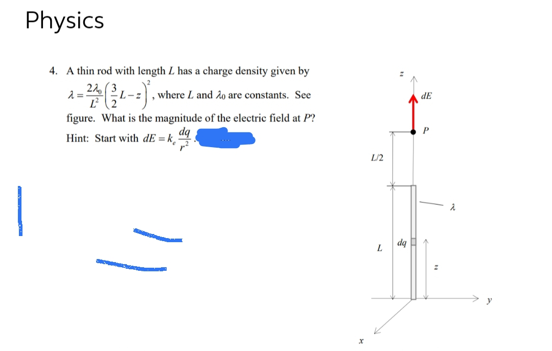 Physics
4. A thin rod with length L has a charge density given by
22
240 (23/1
Ľ²
figure. What is the magnitude of the electric field at P?
Hint: Start with dE = k
λ=
K
L-z where L and Ao are constants. See
,
L/2
L
dq
dE
P
2
y