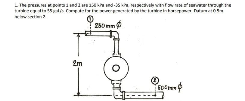 1. The pressures at points 1 and 2 are 150 kPa and -35 kPa, respectively with flow rate of seawater through the
turbine equal to 55 gal/s. Compute for the power generated by the turbine in horsepower. Datum at 0.5m
below section 2.
250 mm O
2m
500mm
