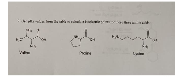 9. Use pKa values from the table to calculate isoelectric points for these three amino acids.
CH3
of
NH
H2N.
H3C
HO.
HO,
HO,
NH2
NH2
Valine
Proline
Lysine
