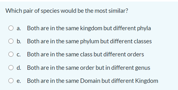 Which pair of species would be the most similar?
a.
Both are in the same kingdom but different phyla
b.
Both are in the same phylum but different classes
O c.
Both are in the same class but different orders
d.
Both are in the same order but in different genus
O e.
Both are in the same Domain but different Kingdom
