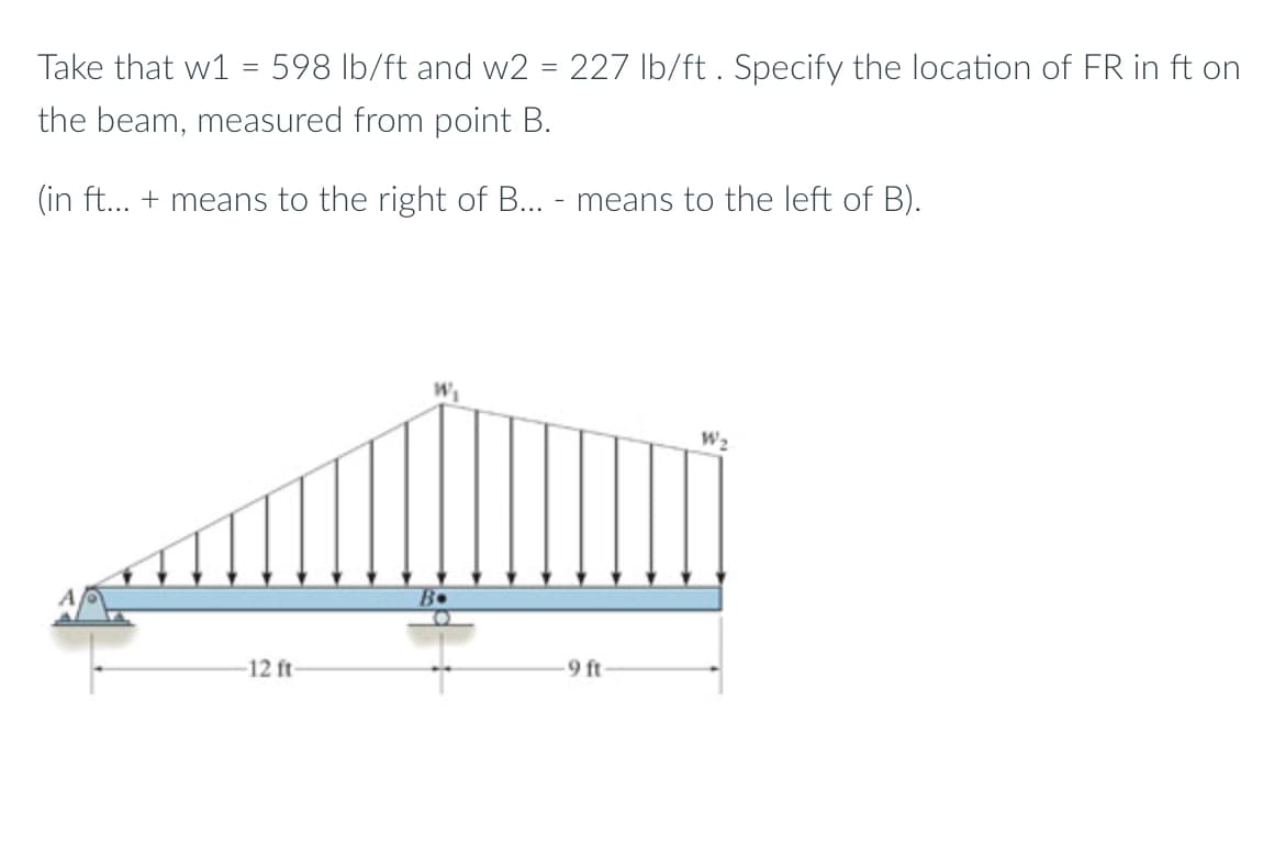Take that w1 = 598 lb/ft and w2 = 227 Ib/ft . Specify the location of FR in ft on
the beam, measured from point B.
(in ft... + means to the right of B... - means to the left of B).
W2
B•
12 ft
9 ft-
