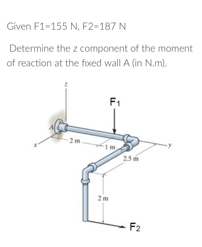 Given F1=155 N, F2=187 N
Determine the z component of the moment
of reaction at the fixed wall A (in N.m).
F1
2 m
1m
2.5 m
2 m
F2
