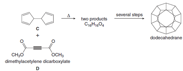 several steps
two products
C16H1604
dodecahedrane
CH30
dimethylacetylene dicarboxylate
OCH3
