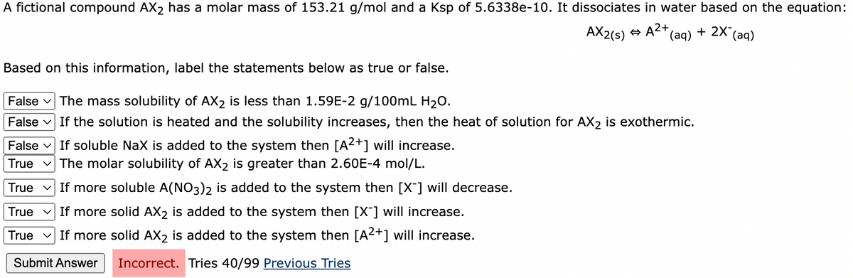 A fictional compound AX₂ has a molar mass of 153.21 g/mol and a Ksp of 5.6338e-10. It dissociates in water based on the equation:
AX2(s) ⇒ A²+ (aq) + 2X¯ (aq)
Based on this information, label the statements below as true or false.
False The mass solubility of AX₂ is less than 1.59E-2 g/100mL H₂O.
False
If the solution is heated and the solubility increases, then the heat of solution for AX₂ is exothermic.
False If soluble NaX is added to the system then [A2+] will increase.
True The molar solubility of AX₂ is greater than 2.60E-4 mol/L.
True
If more soluble A(NO3)2 is added to the system then [X] will decrease.
True If more solid AX₂ is added to the system then [X] will increase.
True If more solid AX₂ is added to the system then [A²+] will increase.
Submit Answer
Incorrect. Tries 40/99 Previous Tries