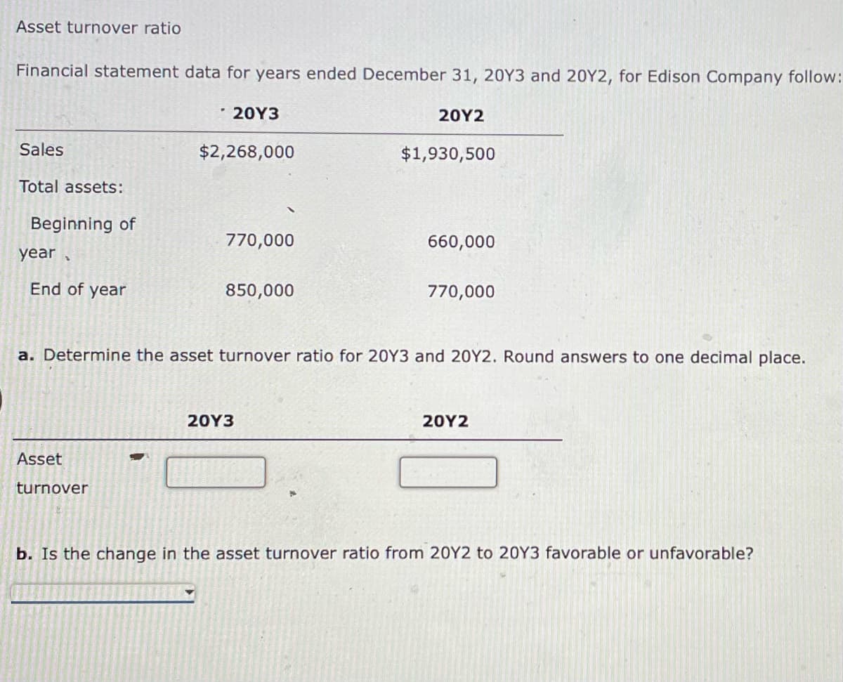 Asset turnover ratio
Financial statement data for years ended December 31, 20Y3 and 20Y2, for Edison Company follow:
· 20Y3
20Υ2
Sales
$2,268,000
$1,930,500
Total assets:
Beginning of
770,000
660,000
year,
End of year
850,000
770,000
a. Determine the asset turnover ratio for 20Y3 and 20Y2. Round answers to one decimal place.
20Y3
20Υ2
Asset
turnover
b. Is the change in the asset turnover ratio from 20Y2 to 20Y3 favorable or unfavorable?
