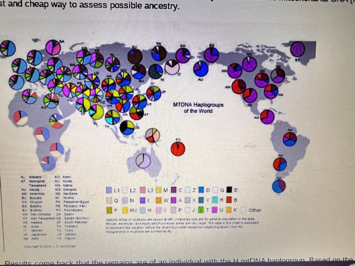 st and cheap way to assess possible ancestry.
TO Tom
NO No Opt
THE
Cosynet 254 ; D. Motoras
HV
COEUN Wiketun Cit
2.
(
MONEY SIN
MTDNA Haplogroups
of the World
MC
**
britan
S⠀ **b, *
AN
word
The Japs that a scogest]
HOME 1901 AD
AN
Results come back that the remains are of an individual with the H mtDNA haplogroup Based on the