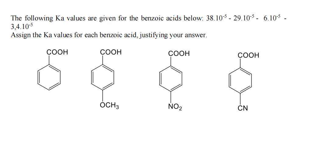 The following Ka values are given for the benzoic acids below: 38.10-5 - 29.10-5- 6.10-5 -
3,4.10-5
Assign the Ka values for each benzoic acid, justifying your answer.
COOH
COOH
OCH3
COOH
NO₂
COOH
CN