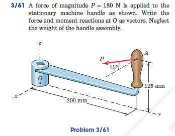 3/61 A force of magnitude P = 180 N is applied to the
stationary machine handle as shown. Write the
force and moment reactions at 0 as vectors. Neglect
the weight of the handle assembly.
A
15
125 mm
200 mm
Problem 3/61
