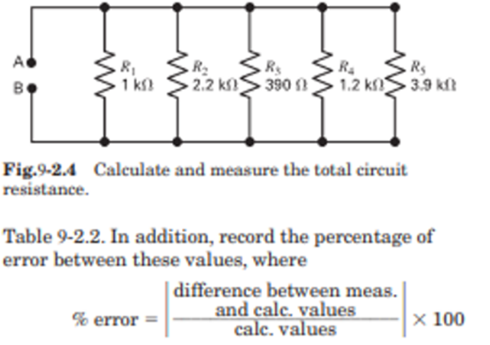 8₁
· 1 kB
R₂
2.2 k
R₂
390 (3
% error =
R₂
Rs
1.2 k -3.9 kft
Fig.9-2.4 Calculate and measure the total circuit
resistance.
Table 9-2.2. In addition, record the percentage of
error between these values, where
difference between meas.
and calc. values
calc. values
x 100