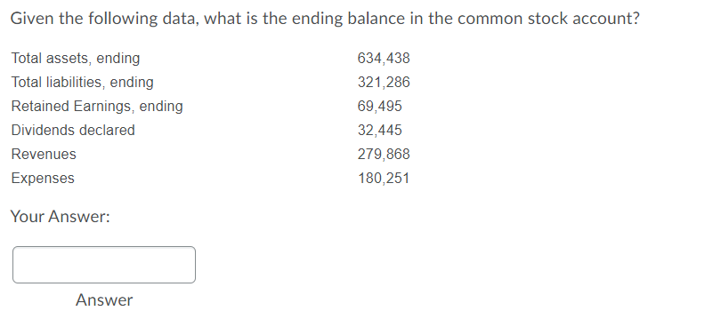 Given the following data, what is the ending balance in the common stock account?
634,438
Total assets, ending
Total liabilities, ending
321,286
69,495
32,445
279,868
180,251
Retained Earnings, ending
Dividends declared
Revenues
Expenses
Your Answer:
Answer