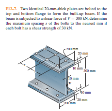 F12-7. Two identical 20-mm-thick plates are bolted to the
top and bottom flange to form the built-up beam. If the
beam is subjected to a shear force of V = 300 kN, determine
the maximum spacing s of the bolts to the nearest mm if
cach bolt has a shear strength of 30 kN.
-200 mm
20 mm
10 mm
300 mm
ho mm
"20 mm
