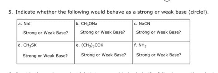 5. Indicate whether the following would behave as a strong or weak base (circle!).
b. CH₂ONa
c. NaCN
Strong or Weak Base?
Strong or Weak Base?
a. Nal
Strong or Weak Base?
d. CH SK
Strong or Weak Base?
e. (CH3)3COK
Strong or Weak Base?
f. NH3
Strong or Weak Base?