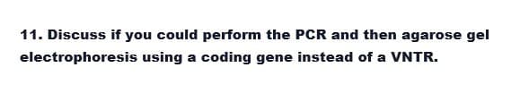 11. Discuss if you could perform the PCR and then agarose gel
electrophoresis using a coding gene instead of a VNTR.