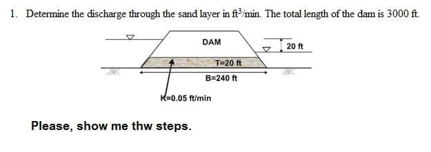 1. Determine the discharge through the sand layer in ft/min. The total length of the dam is 3000 ft.
a fth
DAM
20 ft
T=20 ft
B=240 ft
K=0.05 ft/min
Please, show me thw steps.
