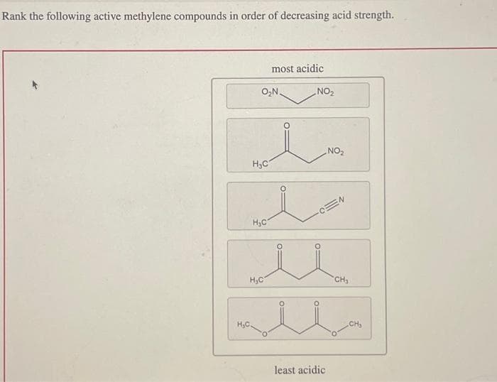 Rank the following active methylene compounds in order of decreasing acid strength.
H₂C.
O₂N.
H₂C
H₂C
H₂C
most acidic
O
0:
NO₂
NO₂
CEN
least acidic
CH₂
CH₂