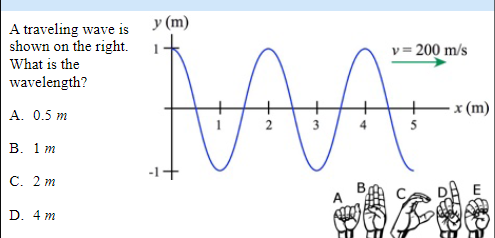 A traveling wave is y (m)
shown on the right.
What is the
wavelength?
A. 0.5 m
B. 1 m
C. 2 m
D. 4 m
v = 200 m/s
ААА
MA
x (m)
