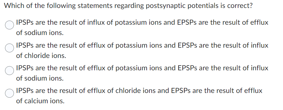 Which of the following statements regarding postsynaptic potentials is correct?
IPSPs are the result of influx of potassium ions and EPSPs are the result of efflux
of sodium ions.
IPSPs are the result of efflux of potassium ions and EPSPs are the result of influx
of chloride ions.
IPSPs are the result of efflux of potassium ions and EPSPs are the result of influx
of sodium ions.
IPSPs are the result of efflux of chloride ions and EPSPs are the result of efflux
of calcium ions.