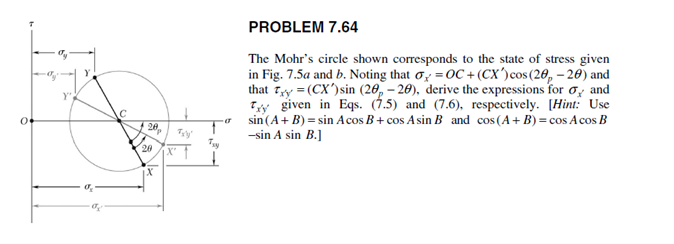 PROBLEM 7.64
The Mohr's circle shown corresponds to the state of stress given
in Fig. 7.5a and b. Noting that o, =0C + (CX')cos (20, – 20) and
that Ty = (CX')sin (20, – 20), derive the expressions for o, and
Ty given in Eqs. (1.5) and (7.6), respectively. [Hint: Use
sin (A+ B) = sin Acos B+ cos Asin B and cos(A+ B) = cos Acos B
-sin A sin B.]
28,
x' f
20
