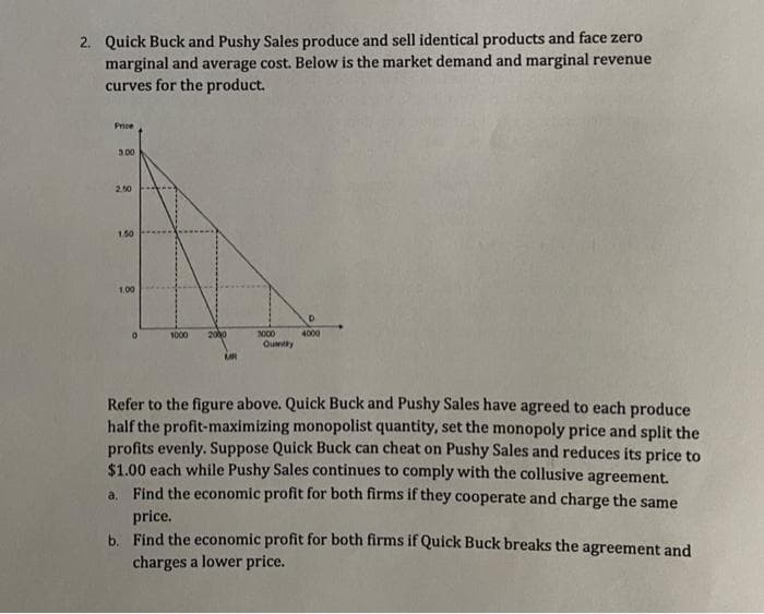 2. Quick Buck and Pushy Sales produce and sell identical products and face zero
marginal and average cost. Below is the market demand and marginal revenue
curves for the product.
Price
3.00
250
1.50
1.00
200
3000
Outy
4000
1000
Refer to the figure above. Quick Buck and Pushy Sales have agreed to each produce
half the profit-maximizing monopolist quantity, set the monopoly price and split the
profits evenly. Suppose Quick Buck can cheat on Pushy Sales and reduces its price to
$1.00 each while Pushy Sales continues to comply with the collusive agreement.
a. Find the economic profit for both firms if they cooperate and charge the same
price.
b. Find the economic profit for both firms if Quick Buck breaks the agreement and
charges a lower price.
